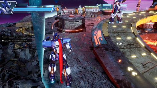 In-game screenshot from Override 2: Super Mech League on PS5, showcasing a blue mech with a red scarf standing on a rocky, lava-lit battleground. Buy your Override 2 digital game key at RushGame.co for fast delivery