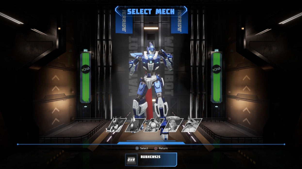 Override 2 character selection screen on PS5, with the blue mech highlighted and multiple other robot fighters to choose from. Purchase your PS5 Override 2 CD Key now at RushGame.co