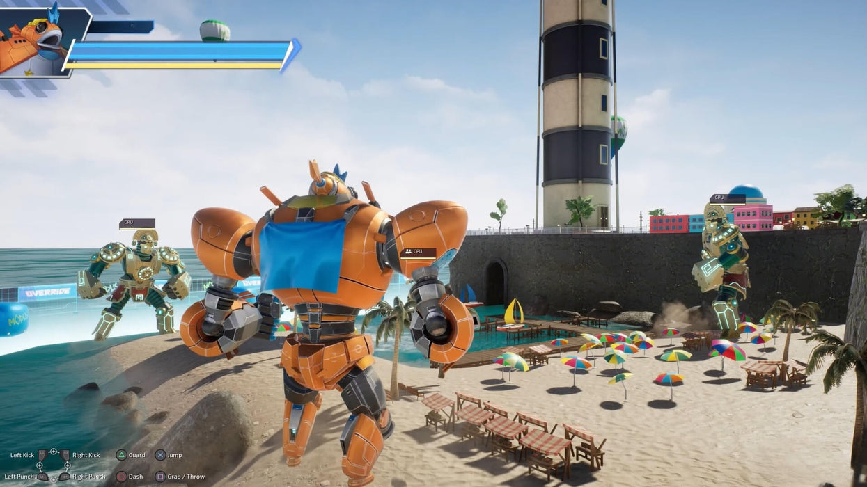 Action-packed PS5 gameplay from Override 2: Super Mech League showing an orange mech on a sunny beach battling CPU-controlled enemies. Unlock your mech battle experience today with a digital code from RushGame.co