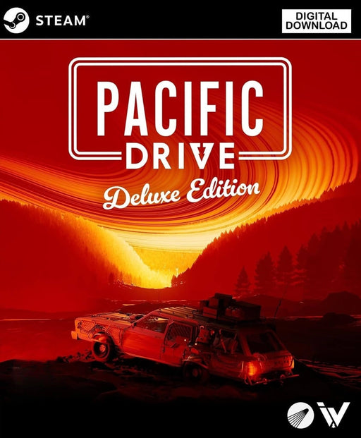 Cover artwork for Pacific Drive Deluxe Edition on PC Steam, featuring a stylized sunset with an abandoned car—buy your CD key instantly at RushGame.co for fast and secure delivery