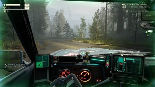 First-person view from inside the vehicle in Pacific Drive, showing the car dashboard and winding forest road ahead. Experience the immersive driving survival gameplay—get your Pacific Drive CD key now on RushGame.co.
