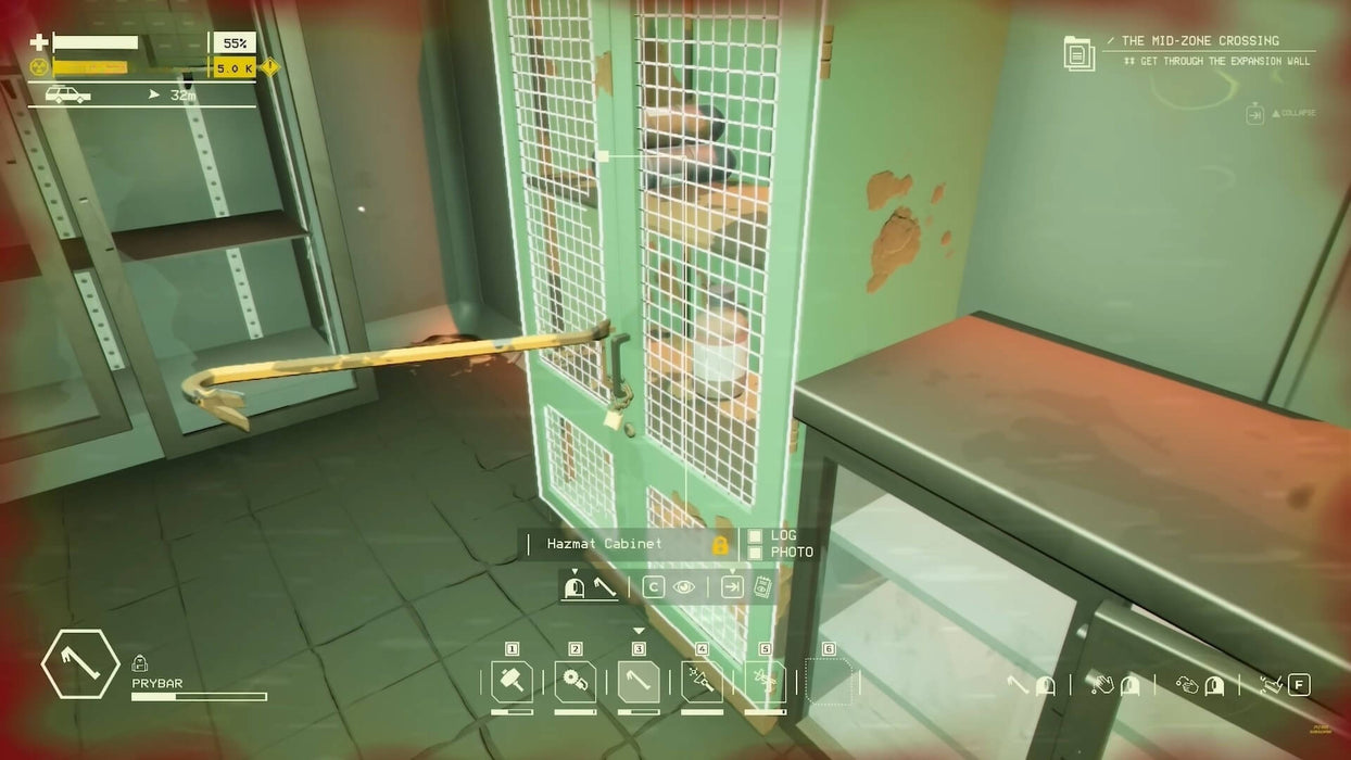 Close-up of a hazmat cabinet being unlocked with a crowbar in Pacific Drive. Explore, scavenge, and survive in a mysterious zone—buy your Pacific Drive Steam key from RushGame.co today.