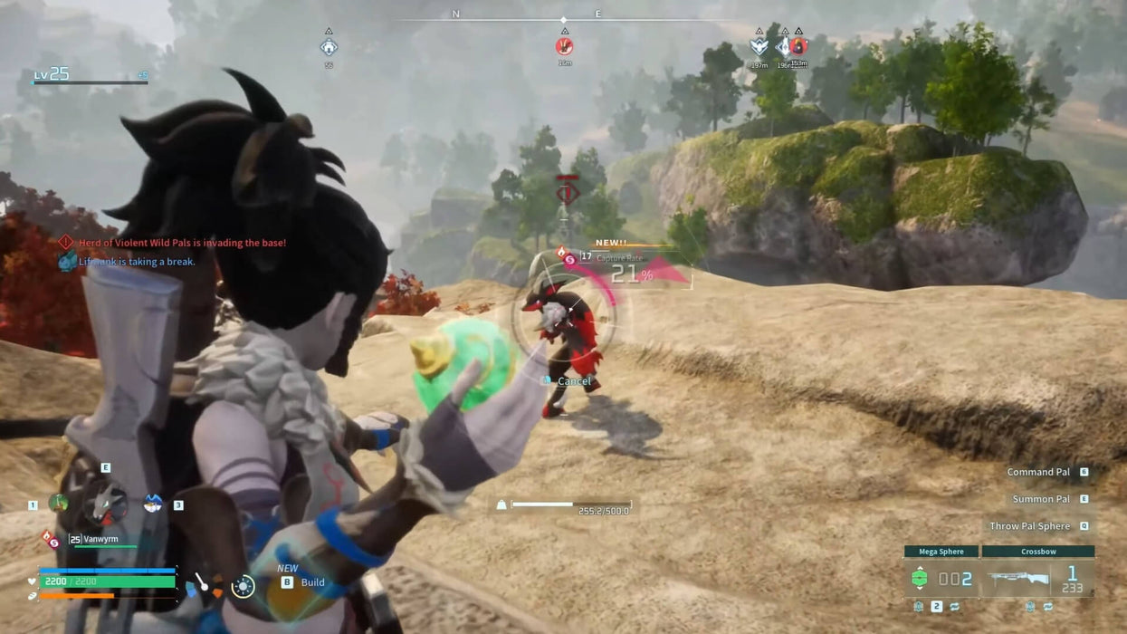 Palworld gameplay on Xbox showing a character preparing to capture a hostile creature using a Mega Sphere. Get your Palworld Xbox key at RushGame.co and collect powerful Pals across diverse biomes