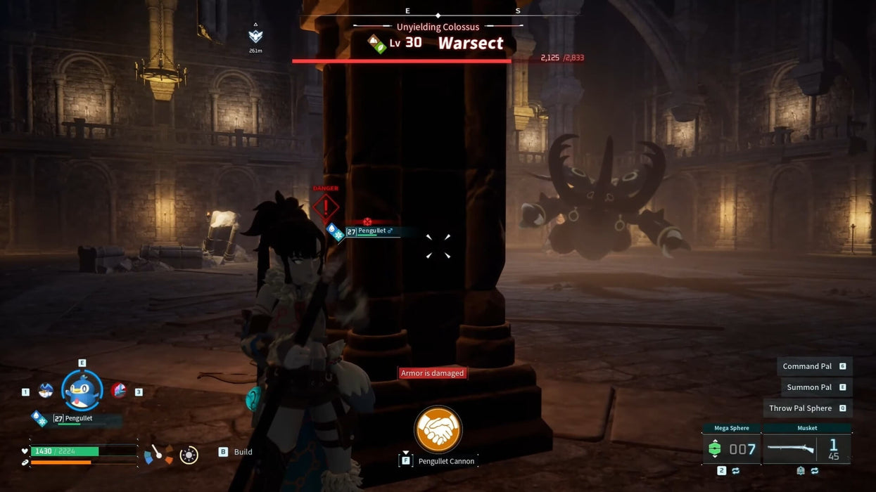 Screenshot from Palworld on Xbox depicting an intense boss battle inside a dark dungeon with a massive enemy named Warsect. Unlock your digital key at RushGame.co and face legendary creatures