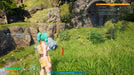 In-game screenshot from Palworld on Xbox, showing a character with teal hair collecting Palladium Fragments in a lush green area near ancient ruins. Discover resource collection and crafting mechanics with a Palworld CD key from RushGame.co