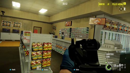 Gameplay image from PAYDAY 2: Legacy Collection showing a heist in progress inside a convenience store, with the player carrying loot and aiming at the cashier – get your PC Steam key at RushGame.co