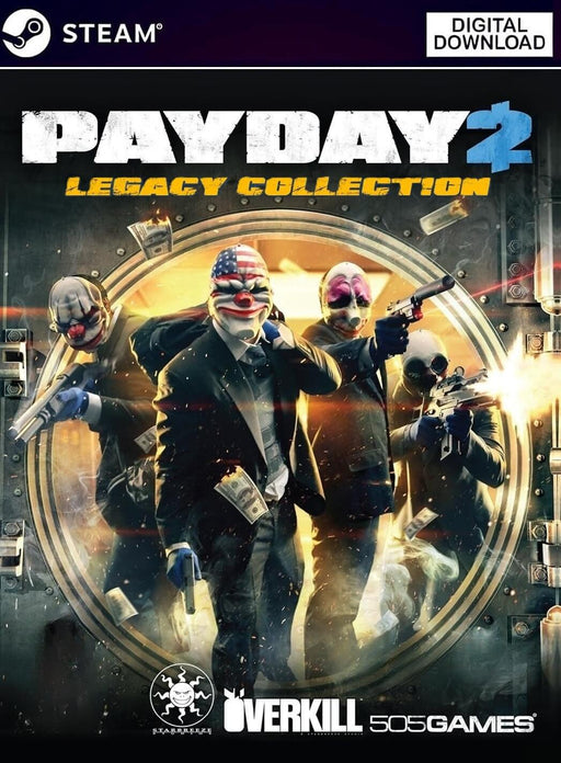 Cover art for PAYDAY 2: Legacy Collection PC Steam CD Key, featuring iconic masked robbers ready for action in front of a vault, available now at RushGame.co.