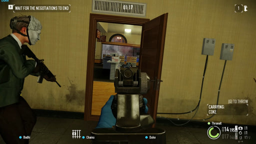 In-game screenshot from PAYDAY 2  showing a masked player aiming at a store interior during a tense heist. Get your Steam CD Key at RushGame.co for instant digital delivery