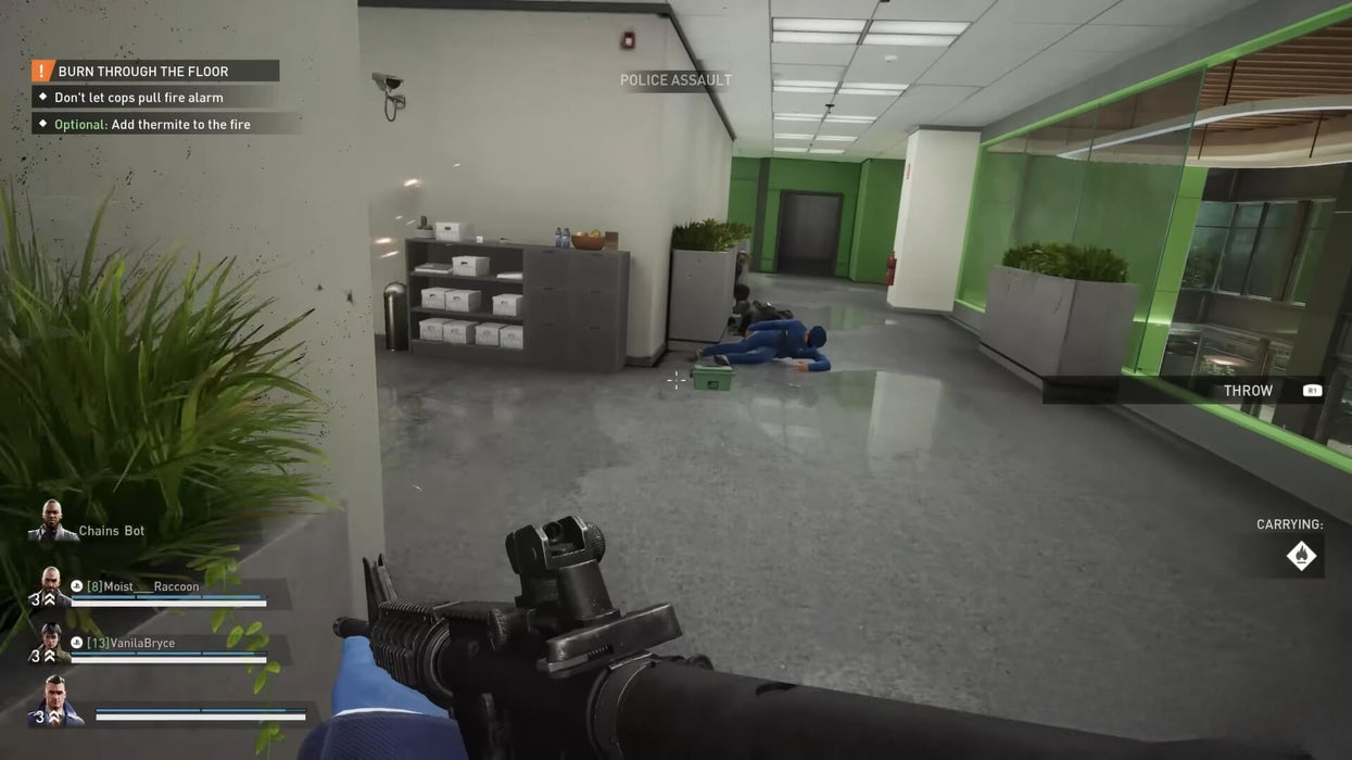 First-person view in PAYDAY 3 inside a bank, engaging in a shootout while carrying supplies. Buy your PAYDAY 3 CD Key for Steam today from RushGame.co and lead daring missions with friends