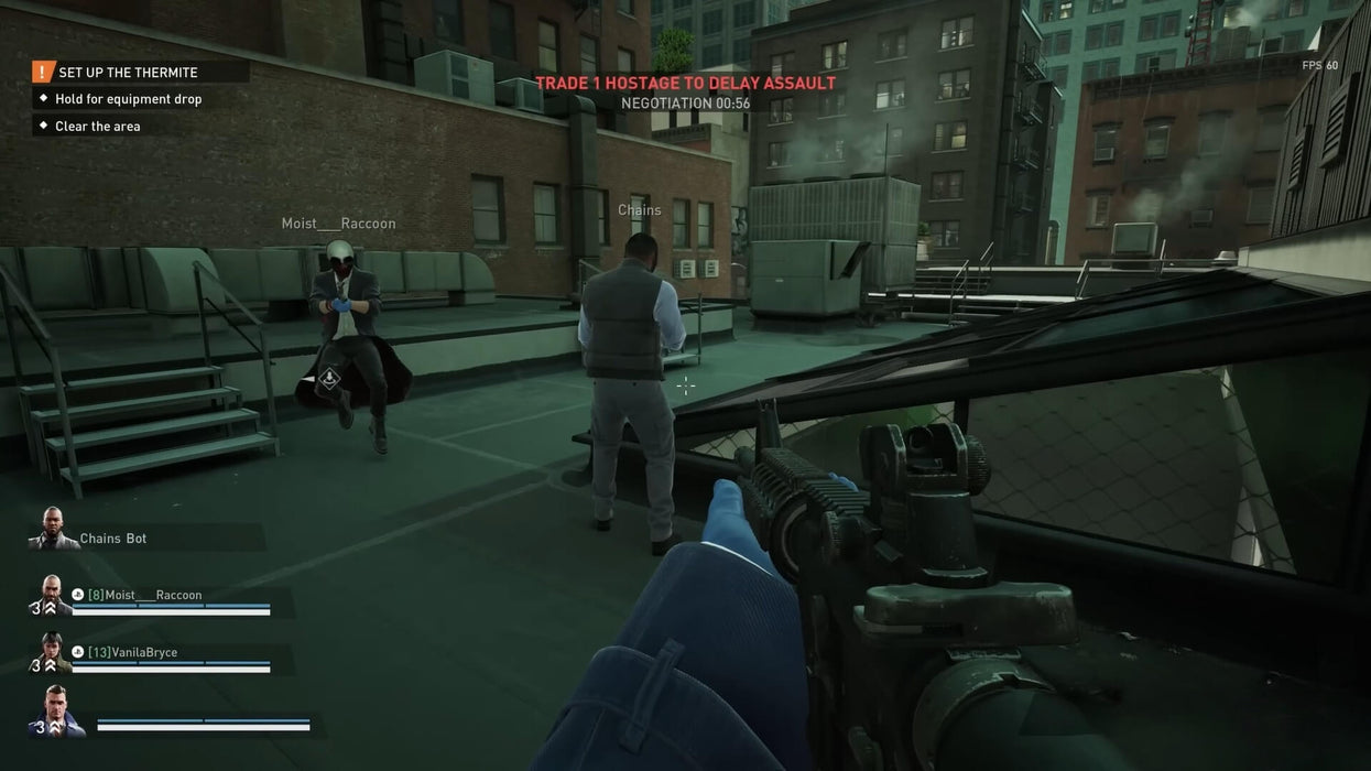 Gameplay from PAYDAY 3 showing rooftop combat during a hostage negotiation phase. RushGame.co offers instant digital delivery for PAYDAY 3—experience tactical team action now