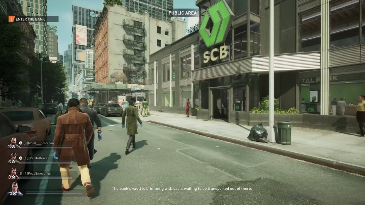 Screenshot from PAYDAY 3 showing players walking into a public bank area during a mission. Get your PAYDAY 3 Steam key at RushGame.co and step into a world of modern bank heists.