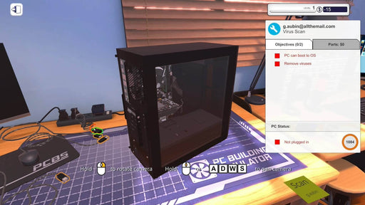  In-game view of a custom-built PC in progress, showing a detailed workspace for diagnosing and assembling PCs—available now on RushGame.co