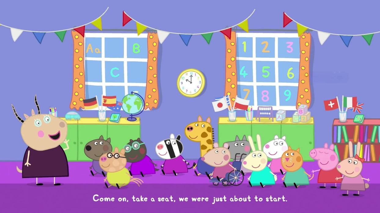 Screenshot from Peppa Pig: World Adventures on PC showing a colorful classroom scene filled with Peppa's friends, flags, and learning tools. Unlock your digital copy now on RushGame.co for family-friendly fun