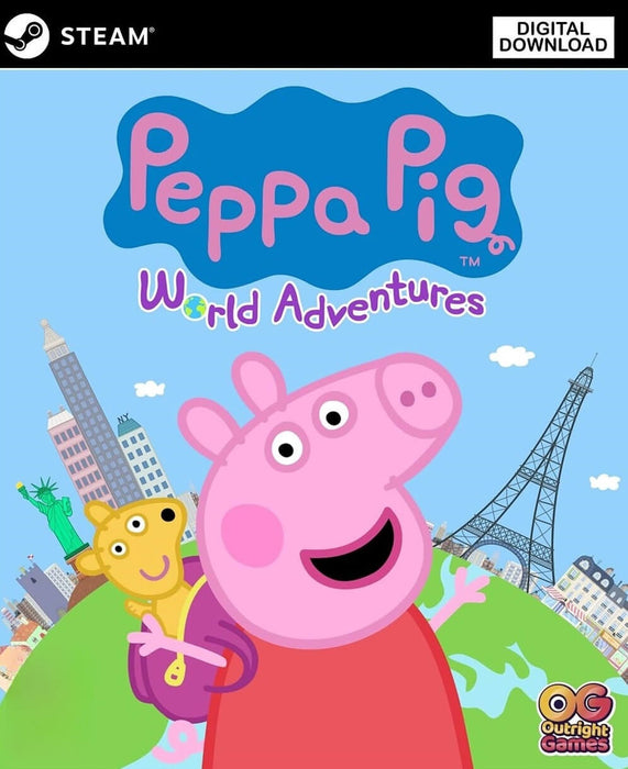 digital cover art for Peppa Pig: World Adventures on PC Steam, featuring Peppa with iconic landmarks like the Eiffel Tower and Statue of Liberty in the background. Get your game key instantly at RushGame.co.