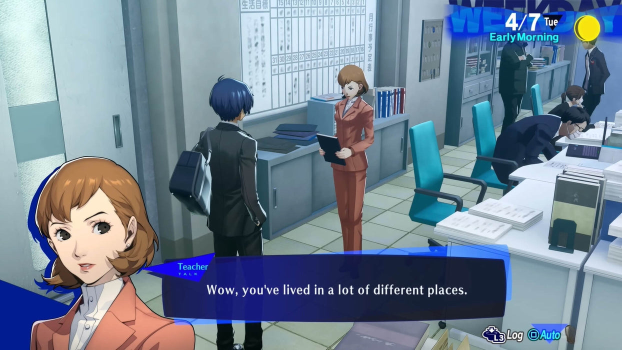 In-game school dialogue scene from Persona 3 Reload PC Steam, with a teacher speaking to the main character in a staff room. Dive into daily life and battles—buy Persona 3 Reload digital code now at RushGame.co