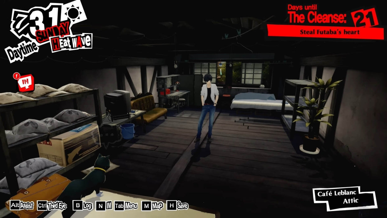 Scene from Persona 5 Royal PC Steam depicting the protagonist inside the attic room of Café Leblanc, with in-game menu options shown. Begin your Phantom Thieves journey by buying a Persona 5 Royal key from RushGame.co