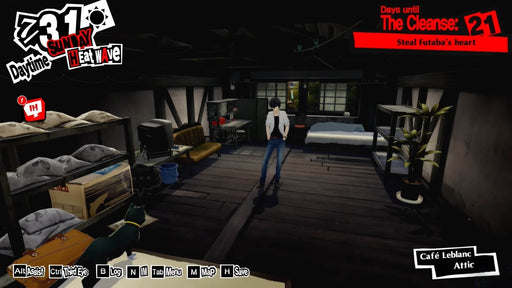 Scene from Persona 5 Royal PC Steam depicting the protagonist inside the attic room of Café Leblanc, with in-game menu options shown. Begin your Phantom Thieves journey by buying a Persona 5 Royal key from RushGame.co