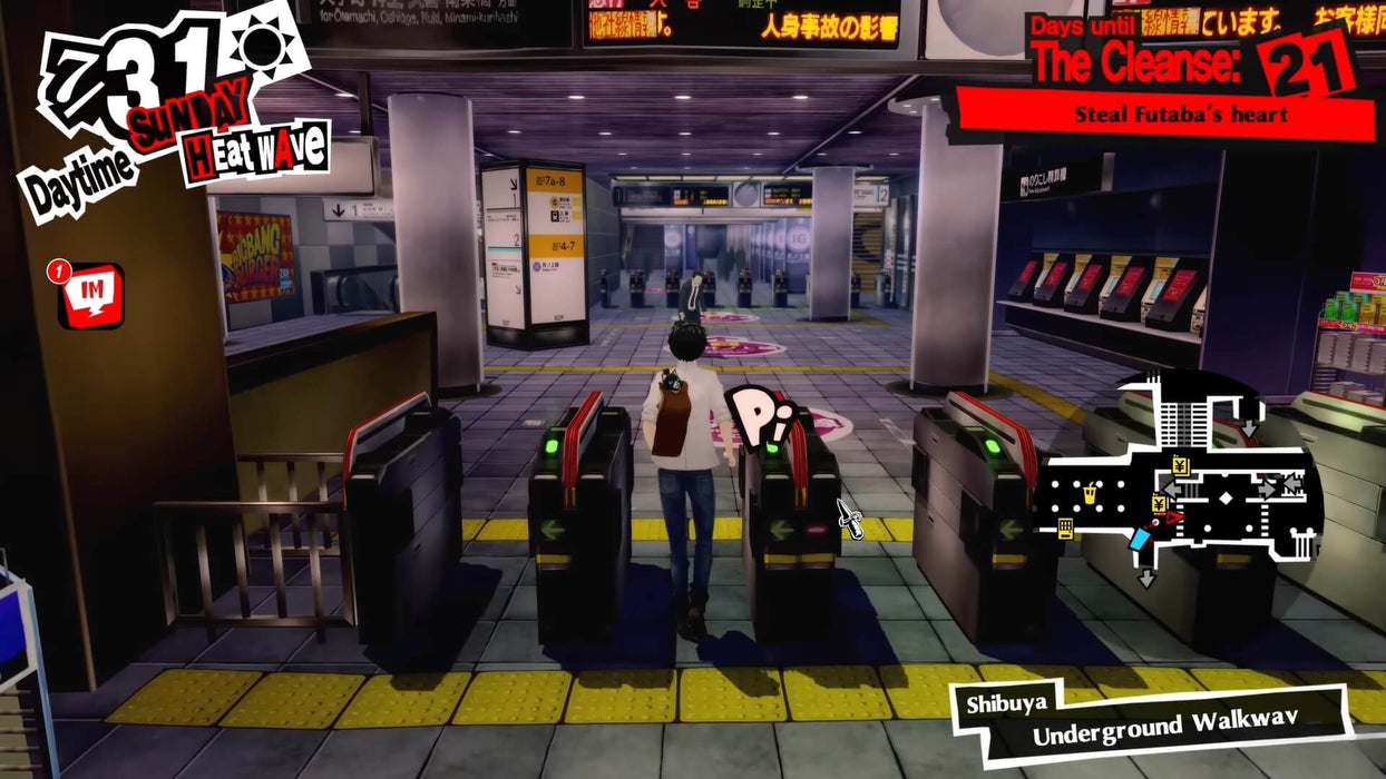 Persona 5 Royal on PC Steam showing the protagonist passing through the Shibuya Underground Walkway with station map and icons on screen. Purchase your Steam CD Key for Persona 5 Royal today at RushGame.co