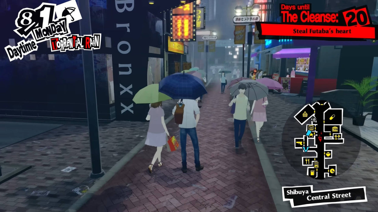 Gameplay from Persona 5 Royal on PC Steam showing Shibuya Central Street during torrential rain, with characters holding umbrellas and quest details visible. Explore Tokyo's streets with a Persona 5 Royal digital code from RushGame.co