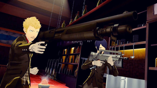Scene from Persona 5 Royal Xbox version showing Ryuji and Yusuke aiming weapons inside a store with dramatic lighting. Explore the world of Persona 5 Royal—grab your Xbox or Windows key from RushGame.co today