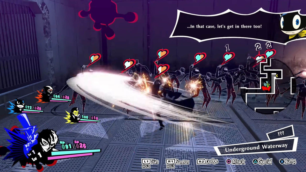 Fast-paced battle scene from Persona 5 Strikers on PC Steam, showing the protagonist slashing multiple enemies underground. Experience thrilling hack-and-slash combat with a Persona 5 Strikers key from RushGame.co
