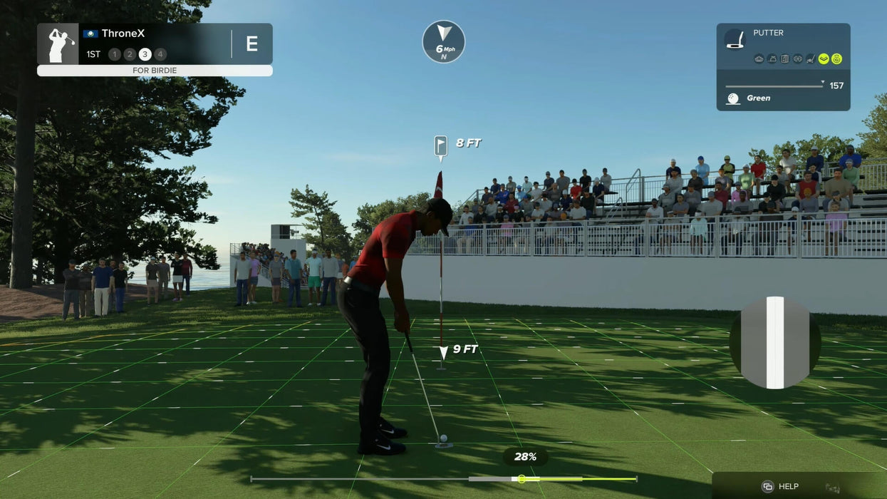 In-game screenshot from PGA TOUR 2K23 Deluxe Edition showing a golfer preparing to putt on a green, with the crowd watching in the background. Experience immersive golfing action—purchase your Xbox game code today at RushGame.co