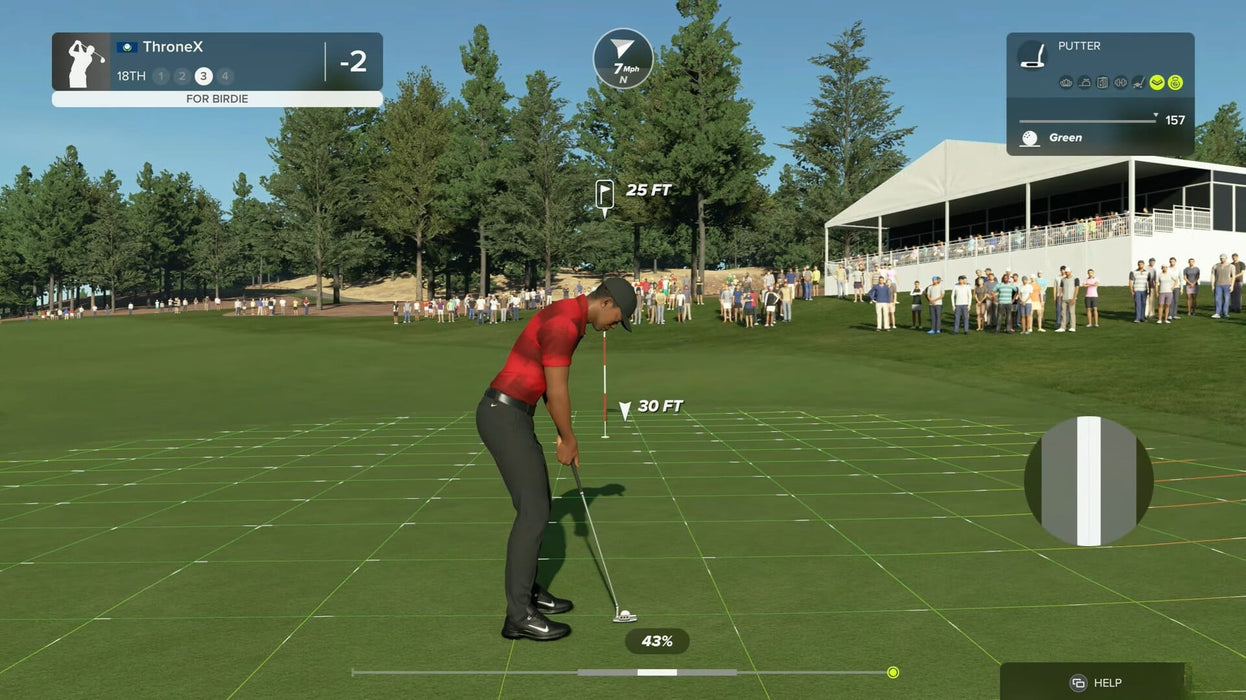 n-game screenshot from PGA TOUR 2K23 on PC Steam showing a golfer lining up a 30-foot birdie putt on a sunny day with spectators watching. Available now as a Steam CD Key at RushGame.co for instant download
