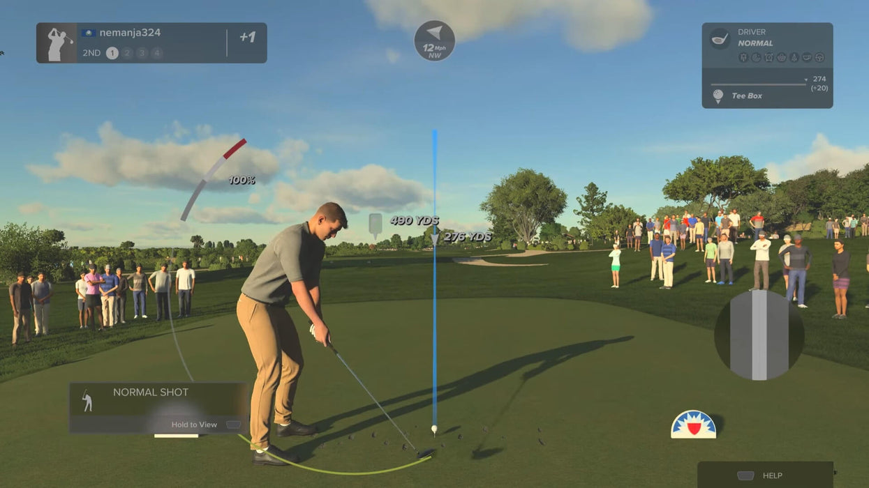 Gameplay scene from PGA TOUR 2K23 on PC Steam where a player prepares for a normal drive with a 12mph wind. Purchase the PGA TOUR 2K23 Steam key from RushGame.co and enjoy immersive golfing physics