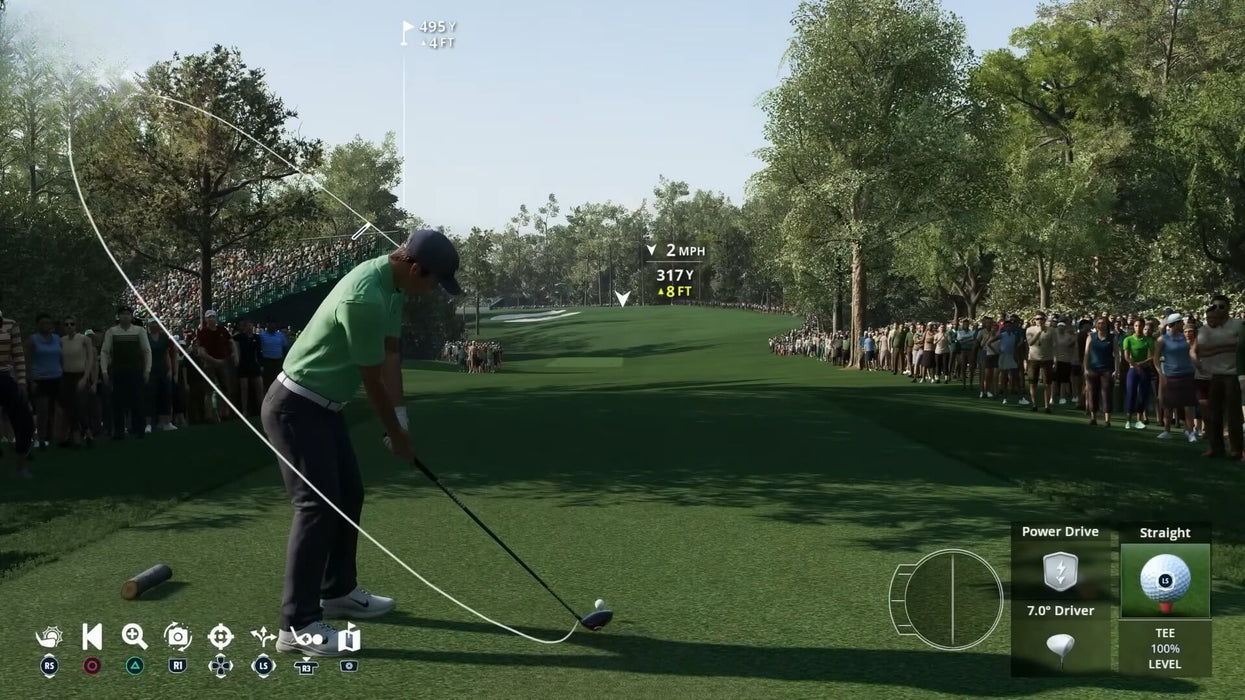 Gameplay image from PGA TOUR 2K23 on Xbox, featuring a golfer taking a powerful tee shot on a densely forested course. Unlock your game key now at RushGame.co and step onto the green with next-gen graphics and physics