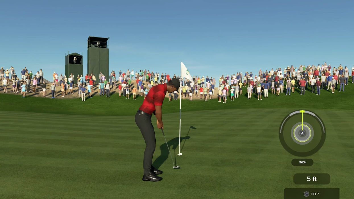 In-game screenshot from PGA TOUR 2K23 Xbox Series X|S showing a golfer lining up a precise putt on a sunny green with a cheering crowd in the background. Get your Xbox game key from RushGame.co for instant access to realistic golf tournaments and multiplayer gameplay