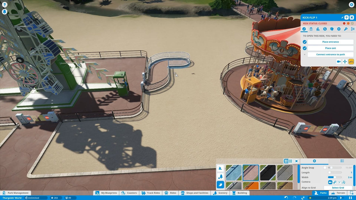In-game screenshot from Planet Coaster showing the process of placing paths between attractions. Manage your theme park creatively—available with instant Steam key at RushGame.co