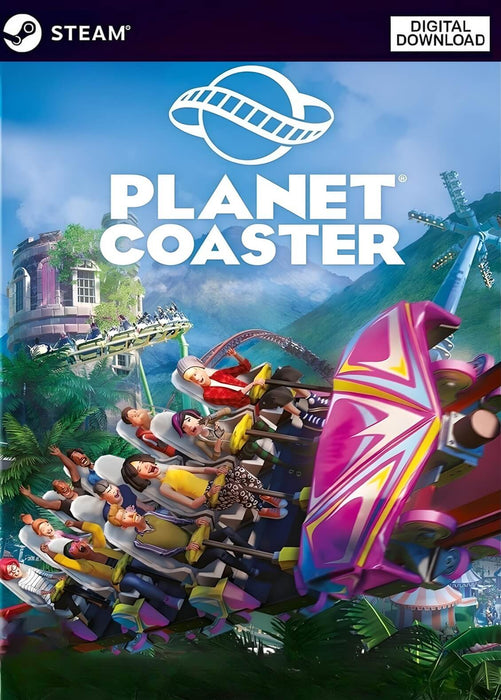 Promotional cover for Planet Coaster on PC Steam, featuring colorful cartoon-style characters on a rollercoaster. Buy your digital CD key now at RushGame.co and build your dream theme park