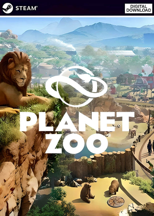 Cover image for Planet Zoo Deluxe Edition for Steam, featuring a majestic lion and expansive zoo vistas — purchase your digital code today at RushGame.co