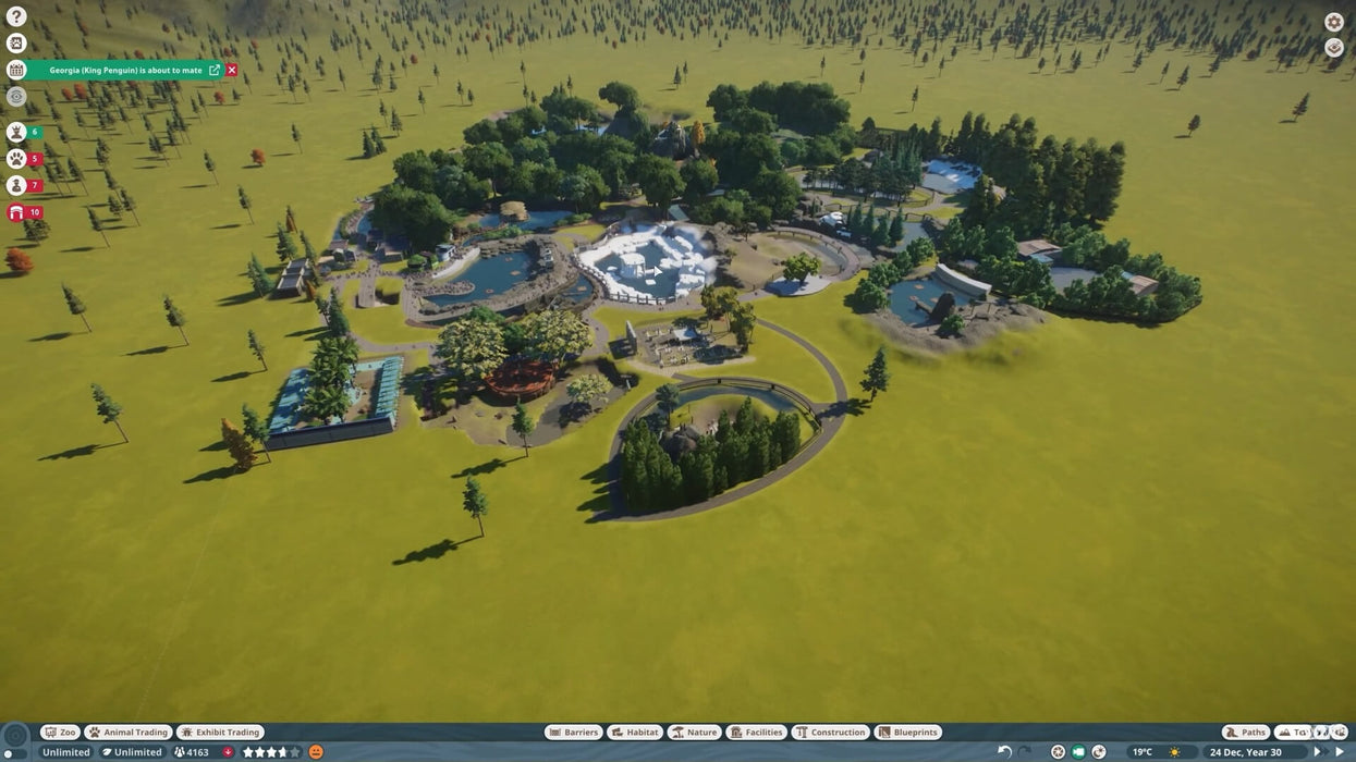 Aerial view of a fully developed zoo in Planet Zoo: Europe Pack DLC on PC Steam, featuring diverse habitats, trees, and themed structures. Expand your gameplay with an official Steam CD key from RushGame.co