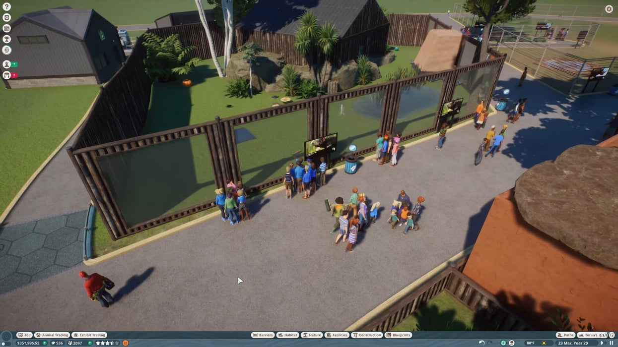 Zoo visitors observing an animal enclosure in Planet Zoo: Oceania Pack DLC on PC Steam, with tropical vegetation and educational screens. Enhance your zoo management experience—get your Oceania Pack code at RushGame.co