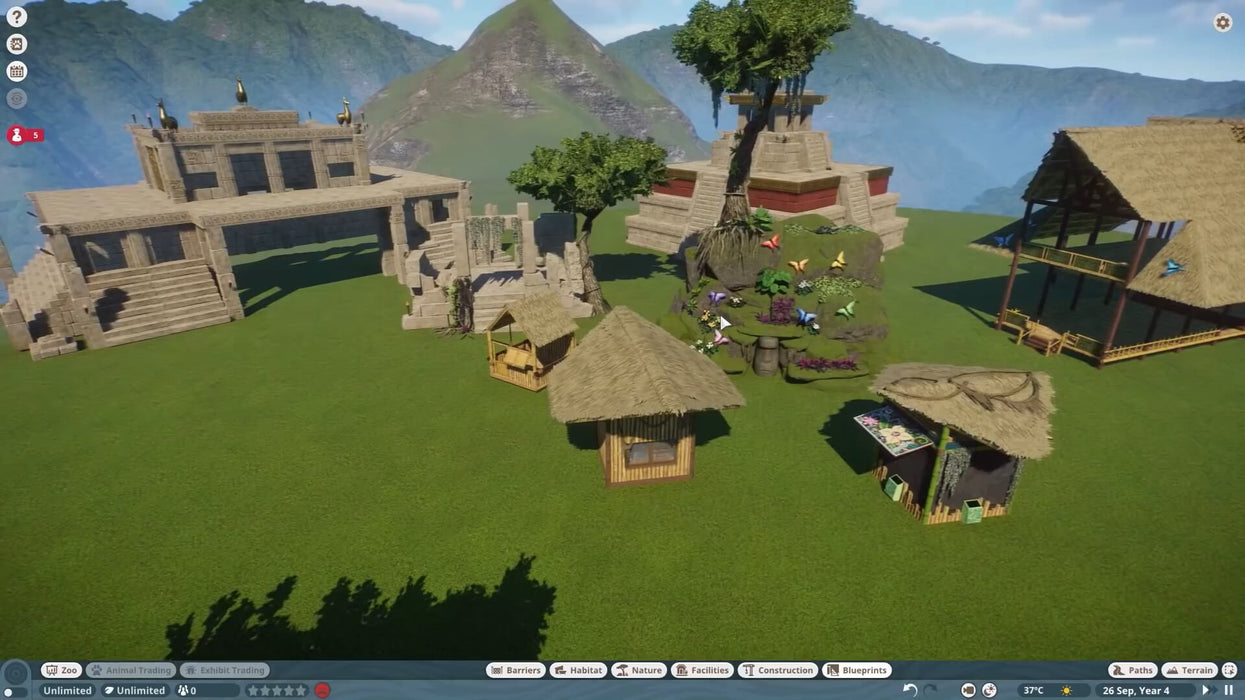 Screenshot of traditional South American-themed buildings and decorative butterfly gardens from Planet Zoo South America Pack DLC. Expand your zoo's visual diversity—purchase the Steam CD Key today from RushGame.co