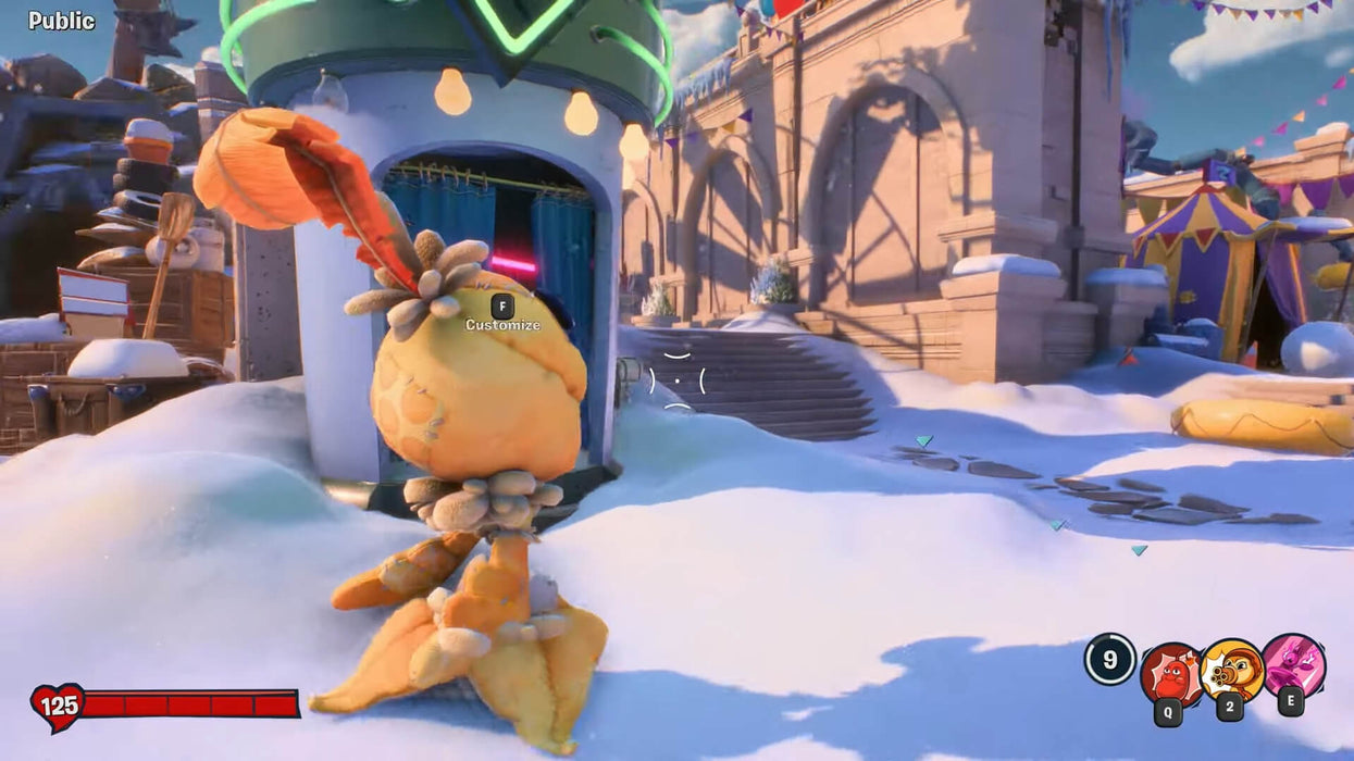 A vibrant winter scene from Plants vs. Zombies: Battle for Neighborville on Origin showing a plant character near a customization booth, available now at RushGame.co