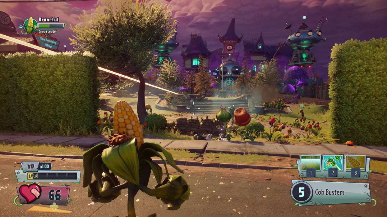 An intense garden battle scene from Plants vs. Zombies: Garden Warfare 2 on Xbox One, with plant heroes fighting against zombie forces, available for instant download at RushGame.co