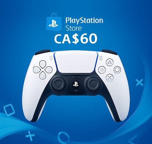 Image featuring a CA$60 PlayStation Store gift card for Canada with a DualSense controller on a blue background – purchase your $60 CAD PlayStation Network card today at RushGame.co for instant access to your favorite games