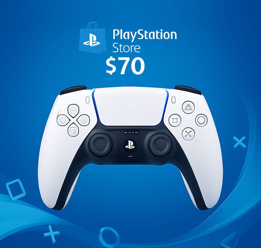 Image of a $70 PlayStation Store Card for the US region featuring a DualSense controller on a dynamic blue background – buy your $70 PlayStation Network gift card now at RushGame.co