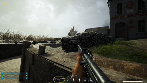 Gameplay from Post Scriptum on Steam PC, displaying a first-person perspective with an STG.44 in hand during a firefight in a bombed-out village—download your Steam digital code at RushGame.co