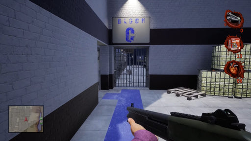 Gameplay scene from POSTAL 4: No Regerts on Steam for PC, with a shotgun-equipped character approaching a locked prison block marked "Block C"—download your Steam key instantly at RushGame.co