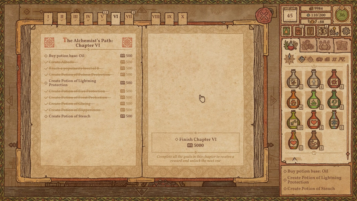 Screenshot from Potion Craft on PC Steam, displaying the Alchemist's Path journal with potion goals and progress tracker—unlock the next chapter with your Steam CD Key from RushGame.co