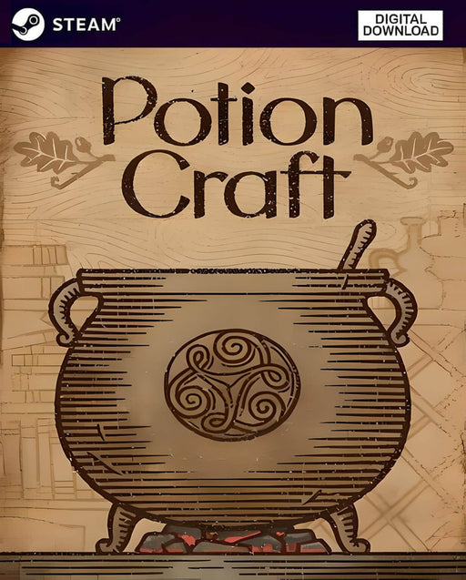 Cover art for Potion Craft: Alchemist Simulator on PC Steam, showcasing a vintage-style cauldron illustration—start brewing your potions today with a digital game key from RushGame.co