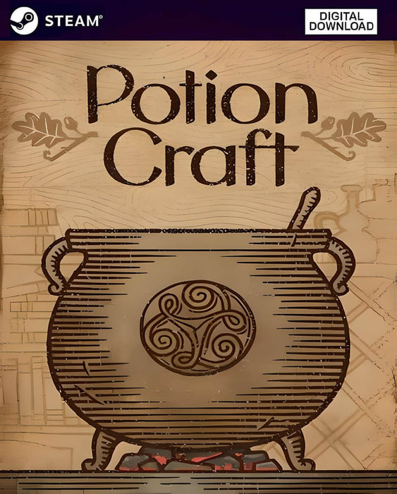 Cover art for Potion Craft: Alchemist Simulator on PC Steam, showcasing a vintage-style cauldron illustration—start brewing your potions today with a digital game key from RushGame.co