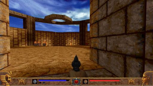 First-person view from PowerSlave Exhumed on PC Steam, showing a combat arena with sandstone walls and burning cauldrons—download your digital game key now from RushGame.co