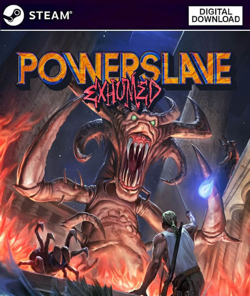 Cover art for PowerSlave Exhumed on PC Steam, featuring a hero confronting a giant demonic beast in an ancient temple—buy your retro FPS adventure as a digital download from RushGame.co