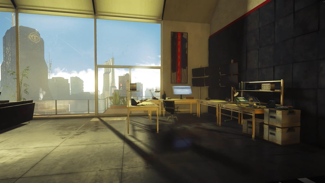 In-game screenshot from Prey Digital Deluxe Edition showing a high-tech office with a panoramic city view — get the Steam CD key instantly at RushGame.co