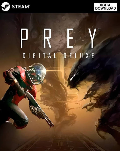 Prey Digital Deluxe Edition PC Steam cover art featuring the main protagonist in a red suit facing a shadowy alien creature — buy your digital key now at RushGame.co