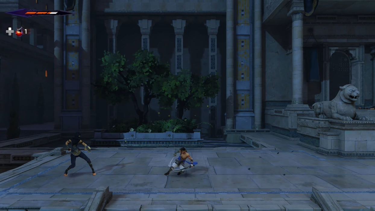 In-game screenshot from Prince of Persia: The Lost Crown on Xbox, featuring a combat scene between the protagonist and an enemy in an ancient palace courtyard. Get your Xbox digital key at RushGame.co and dive into the action